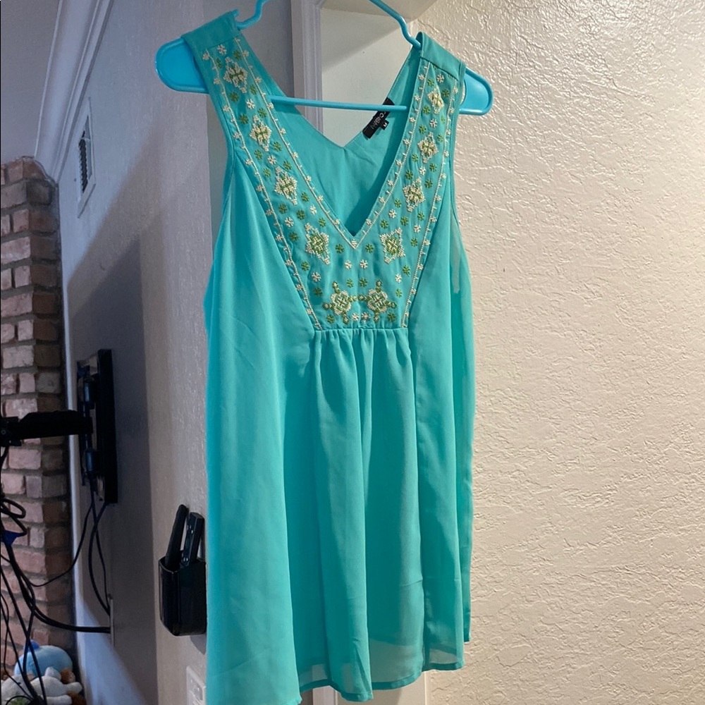 Embellished Green and Blue Sleeveless Tank Top